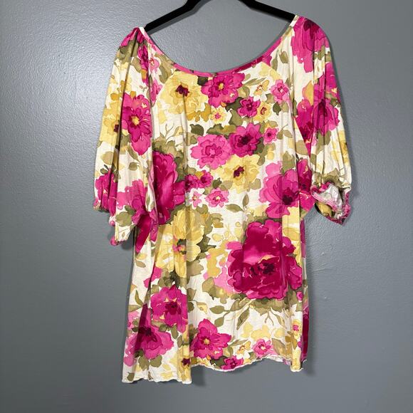 Caribbean Joe Pink & Yellow Floral Tropical Peasant Top - 2X - Women's Plus Size - Picture 6 of 6